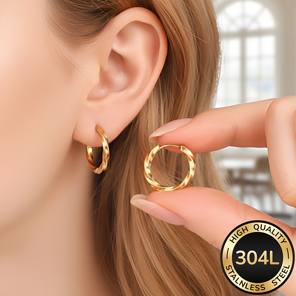 TEMU 2pcs Aretes de aro en hipoalergénicos de acero inoxidable chapado en oro de 18K, cómodos y versátiles, fáciles y elegantes, aretes de calidad