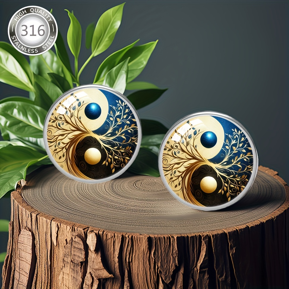 E-shop 1 Paar Elegante Yin Yang Lebensbaum Ohrringe – 316 Edelstahl Hypoallergene Stecker mit Konvexglas-Einlage, Symbolisches Gleichgewichtsdesign für