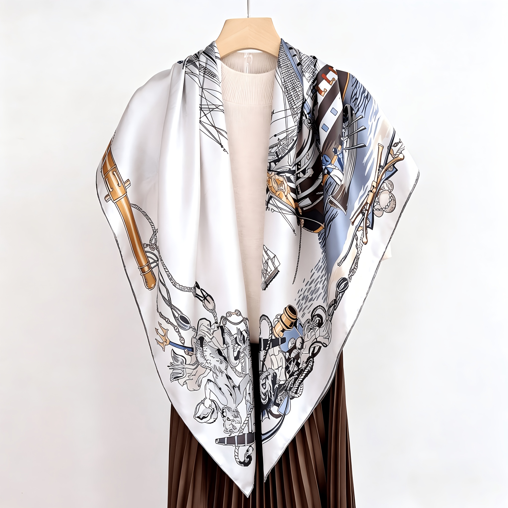 One 100% Silk Women's Square Scarf with a Silky Smooth Texture, Measuring 110cm X 110cm. This Oversized Scarf Offers Multiple Uses—it Can Be Worn as a Shawl, Scarf, or Neckerchief. Featuring a Simple Line-art Print, It Pairs Well with a Blazer
