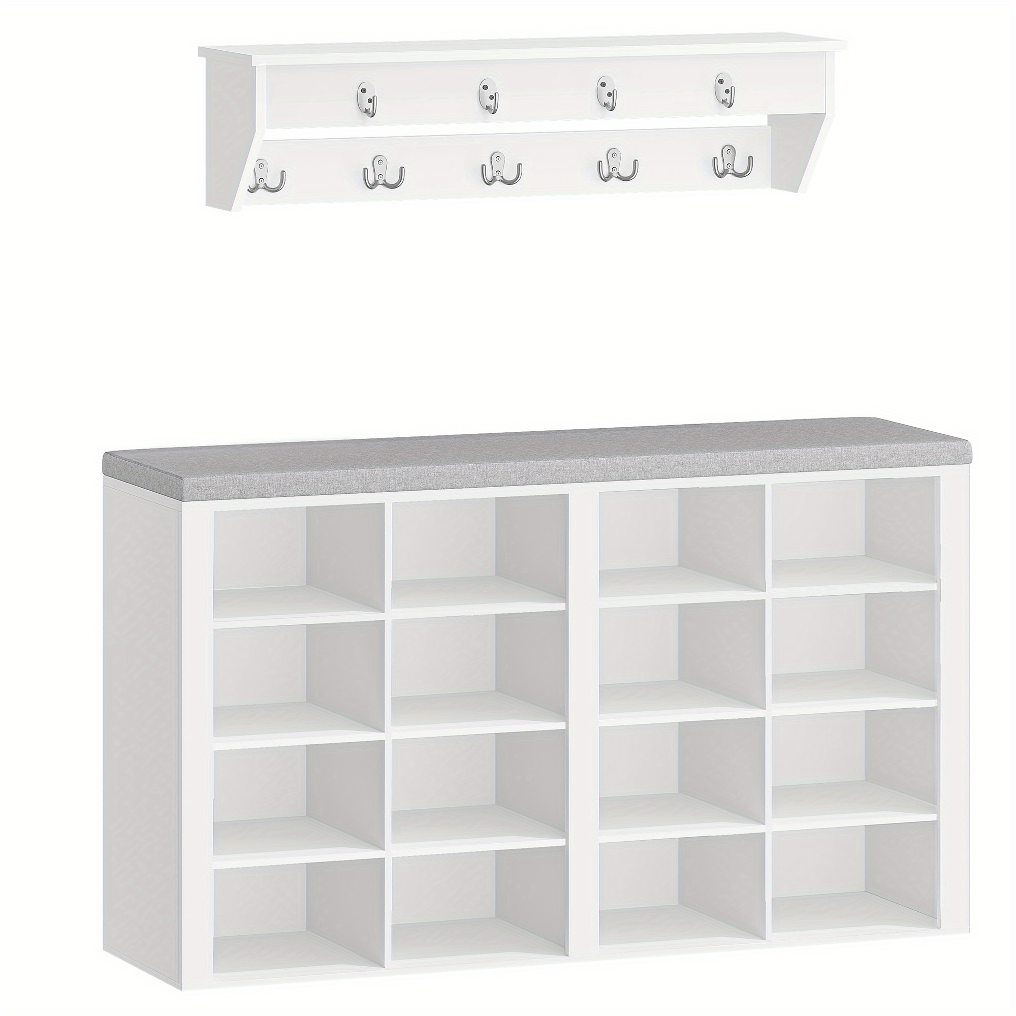 E-shop Wandmontierter Kleiderständer mit Bank, Schuhbank mit Sitz, Eingangshocker, 9 Haken und 16 Fächer, geeignet für Wohnzimmer, Flur, 30 x 104 x 59