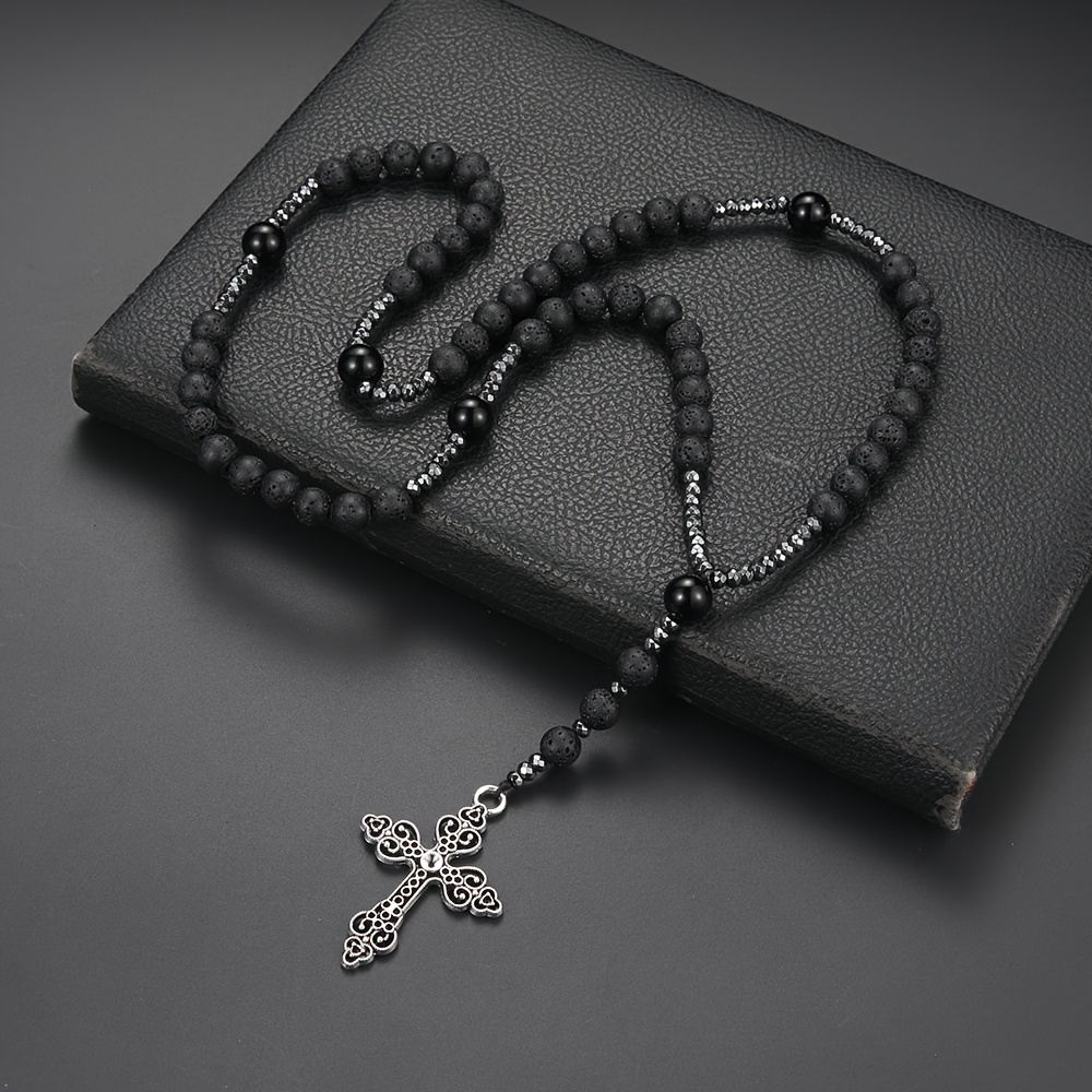 Image of Stylish Black Round Beads Cross Pendant Necklace For Men And Women Jewelry Gift