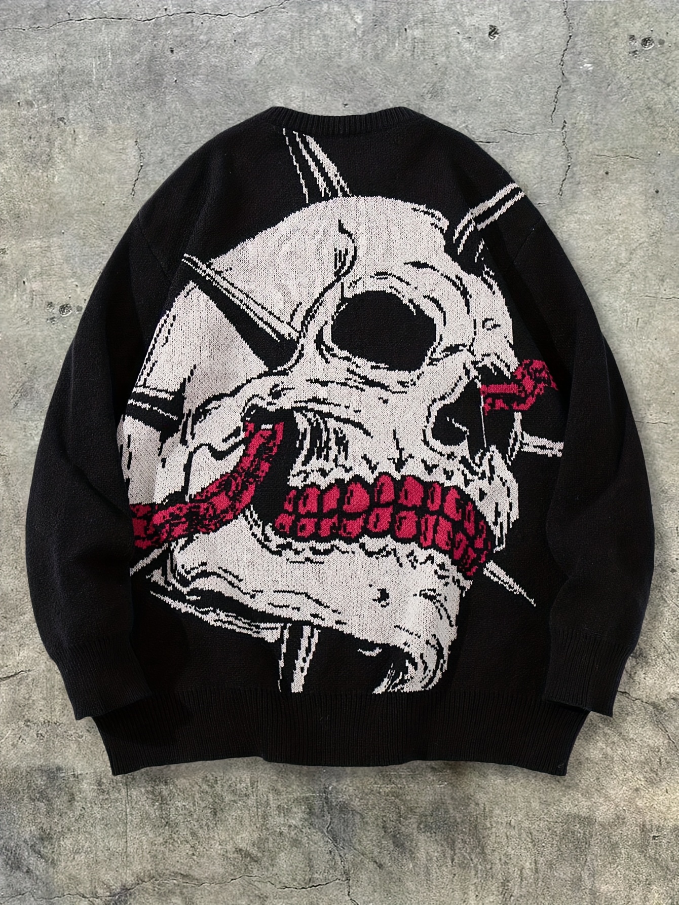 New Autumn/Winter Men's American Street Style Minimalist Casual Large Skull Print Crew Neck Pullover Sweater Top