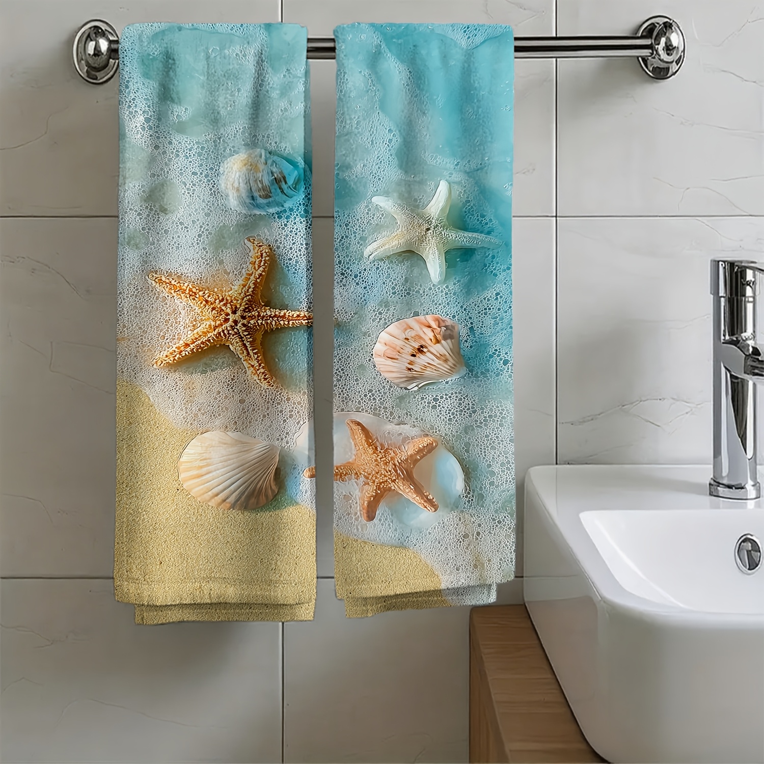 TEMU 1pc, 2pcs Exquisite Towel With Seaside Starfish And Seashell Pattern, Cartoon Print Hand Towel, Suitable For Bathroom, Restroom, Kitchen, Etc.,