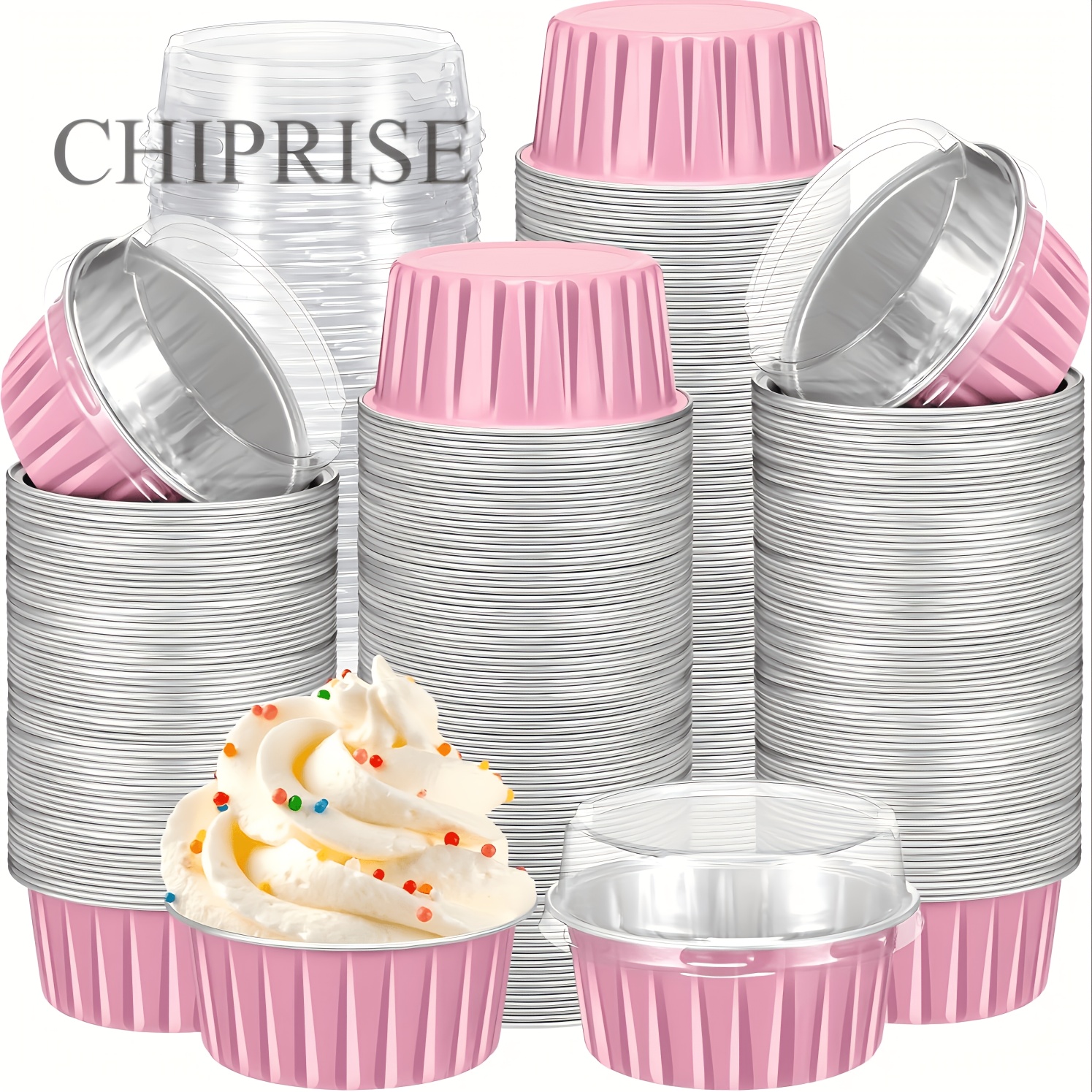 TEMU 100pcs (50 Cups And 50 Lids) Disposable Aluminum Foil Baking Cups, Suitable For Muffins, Desserts, Puddings, And Cream Containers; Ideal For