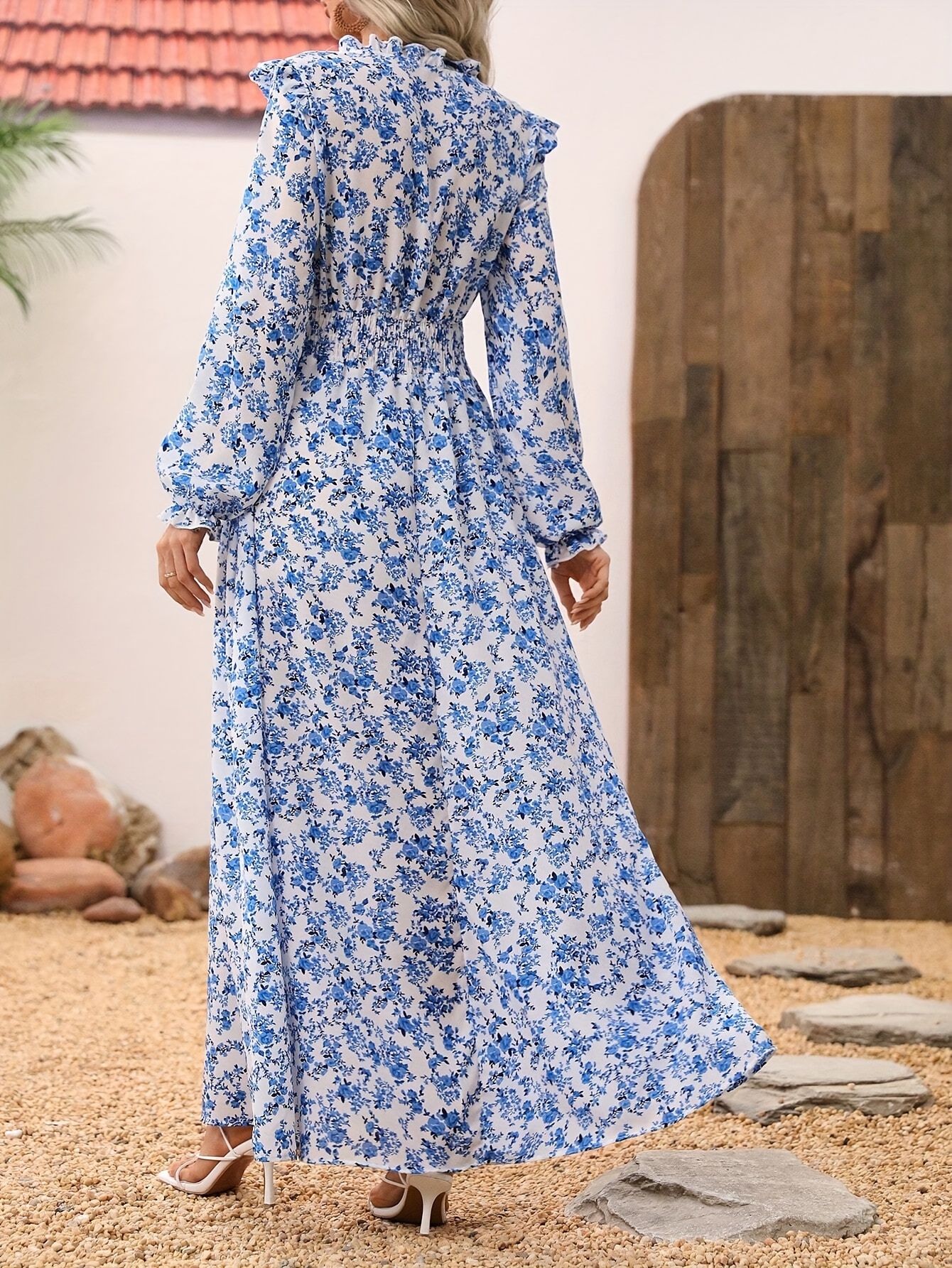 elegant floral print long dress women 100 polyester v neck - Temu Oman