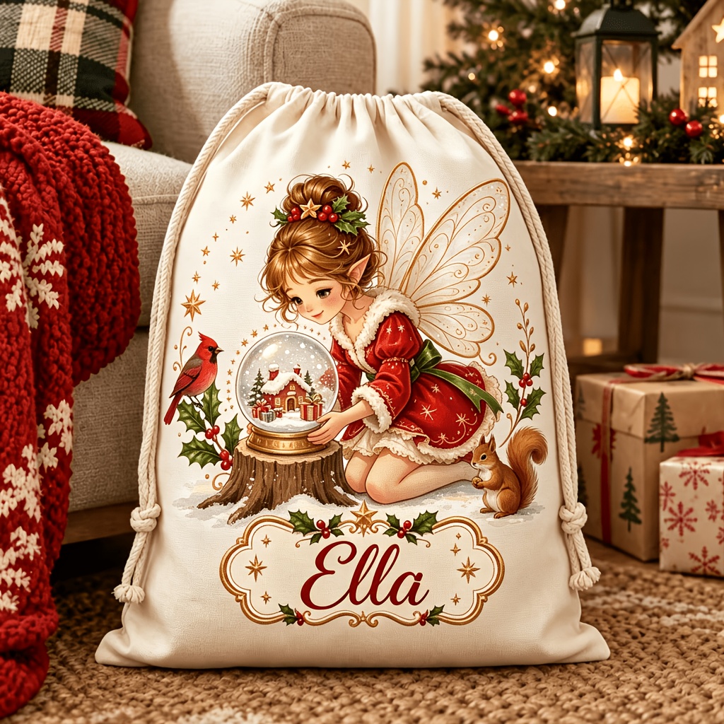TEMU Name/text Christmas Gift Bag Suitable For Fairytale & Elf-themed Drawstring Pouch With Hand-painted , Bag For Holiday Gifts, Holly Squirrels -