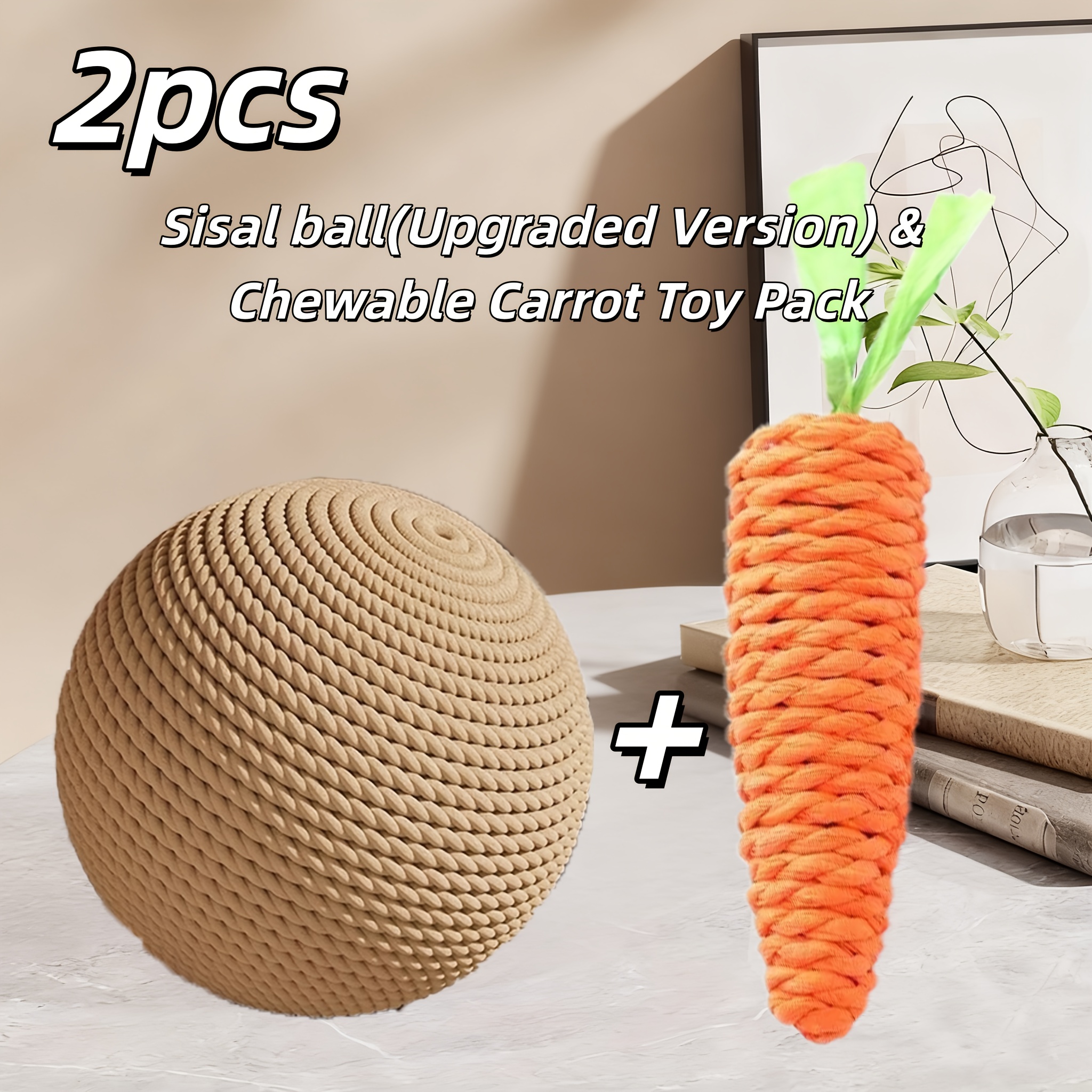 TEMU 2pcs Combination Of Paper Rope Ball And Bite Toy, Built- Device, No Battery, Self-relief, Wear-resistant And Bite-resistant Sound Toy, Suitable