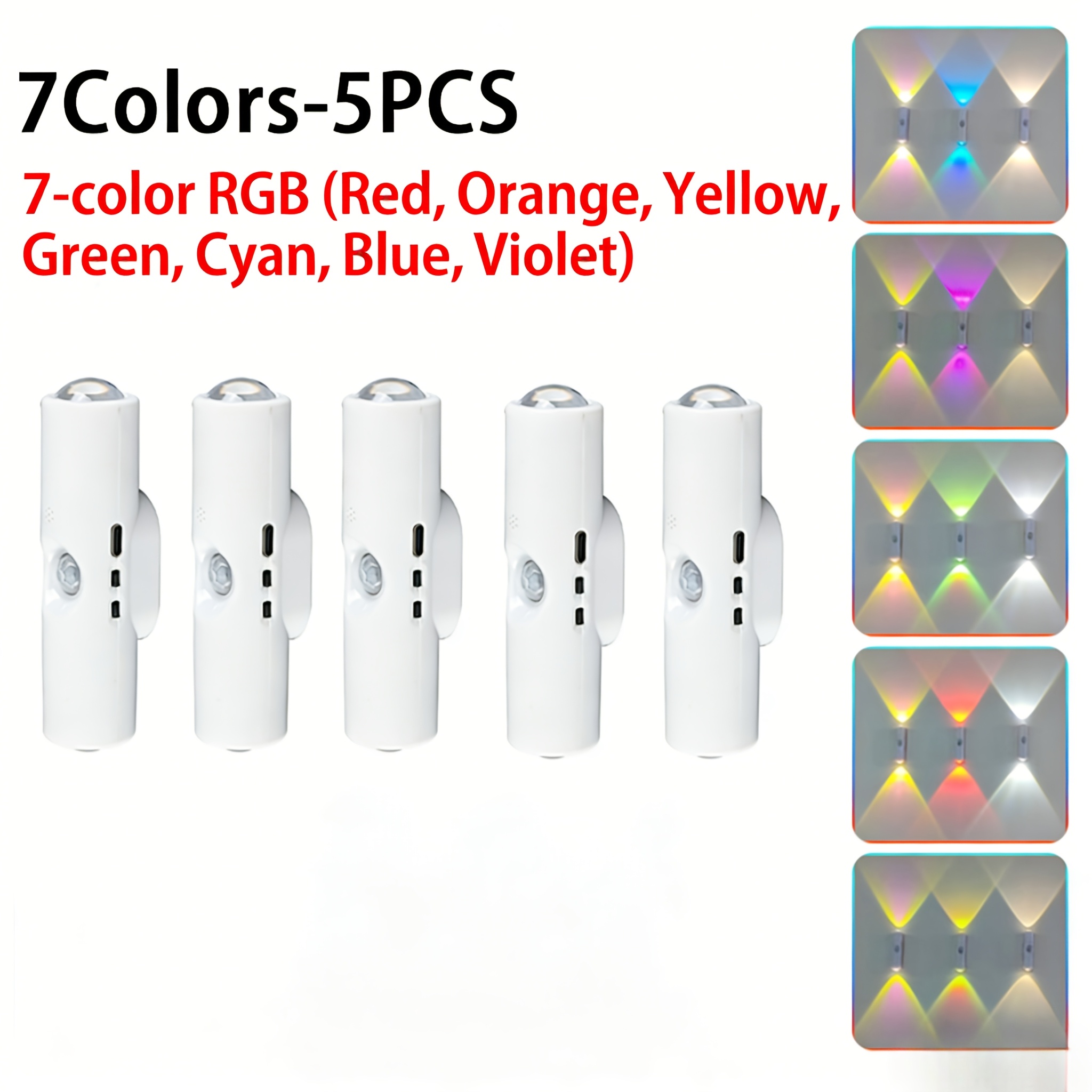 TEMU 5- Led Night Light - Colors: Red, Orange, Yellow, Green, , Blue, Purple. Dual-head Motion Sensor Wall Light With Magnetic Adjustable Brightness.