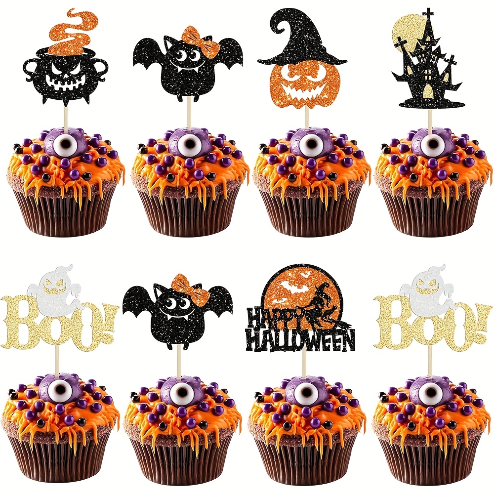 Image of 12pcs Happy For Halloween Cupcake Toppers Glitter For Halloween Cupcake Picks Bat Pumpkin Ghost Cupcake Decorations For Halloween Theme Birthday Party Cake Decoration Supplies