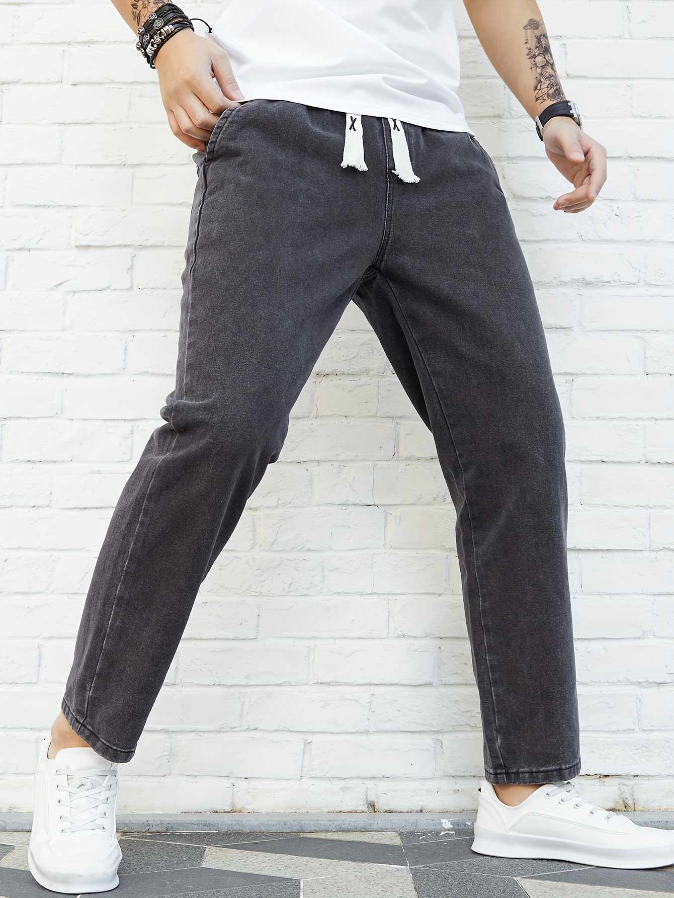 Men's Washed Denim Pants, Spring/Autumn Fashion Brand Loose Straight-Leg Elastic Waist Drawstring Versatile Japanese Style Casual Cropped Pants, Geng Yuanshi
