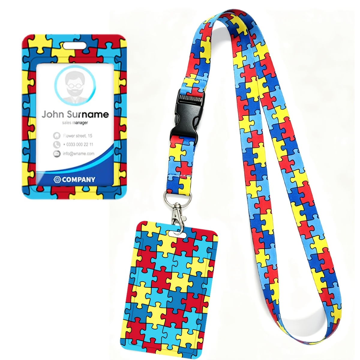 TEMU Ensemble de cordon de puzzle 2D pour la sensibilisation à l'autisme et porte-cartes d'identification, cordon de sécurité avec symbole de
