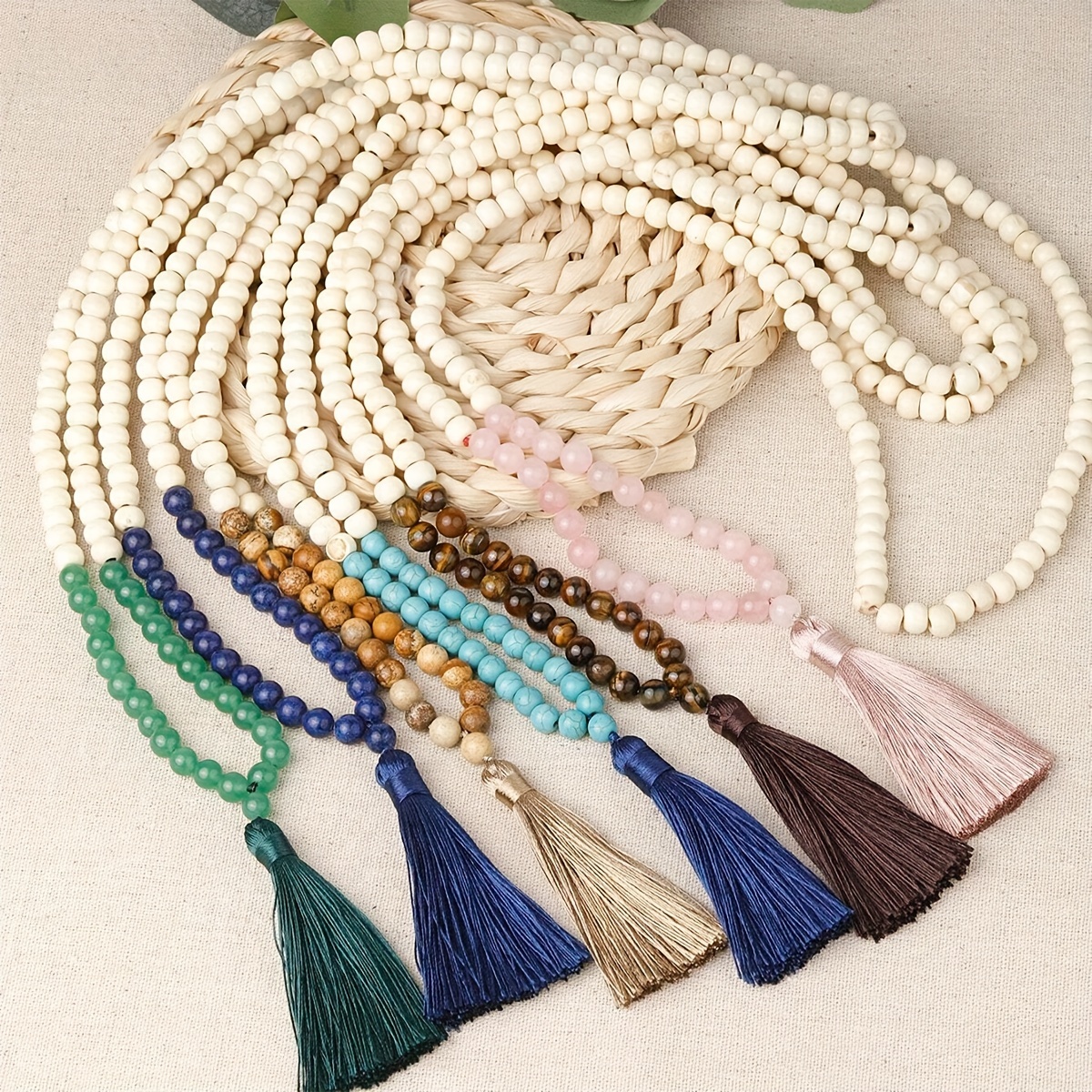 

Bohemian Long Tassel Necklace, Wood Beads And Turquoise Stone, Fashionable And Durable Chain For Men And Women