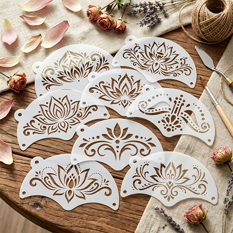 TEMU 8pcs Set Of Mandala Flower Face Painting Templates, 4.72 Inches * 2.76 Inches, Reusable For Lotus Painting Templates, Fan-shaped Diy Art Craft