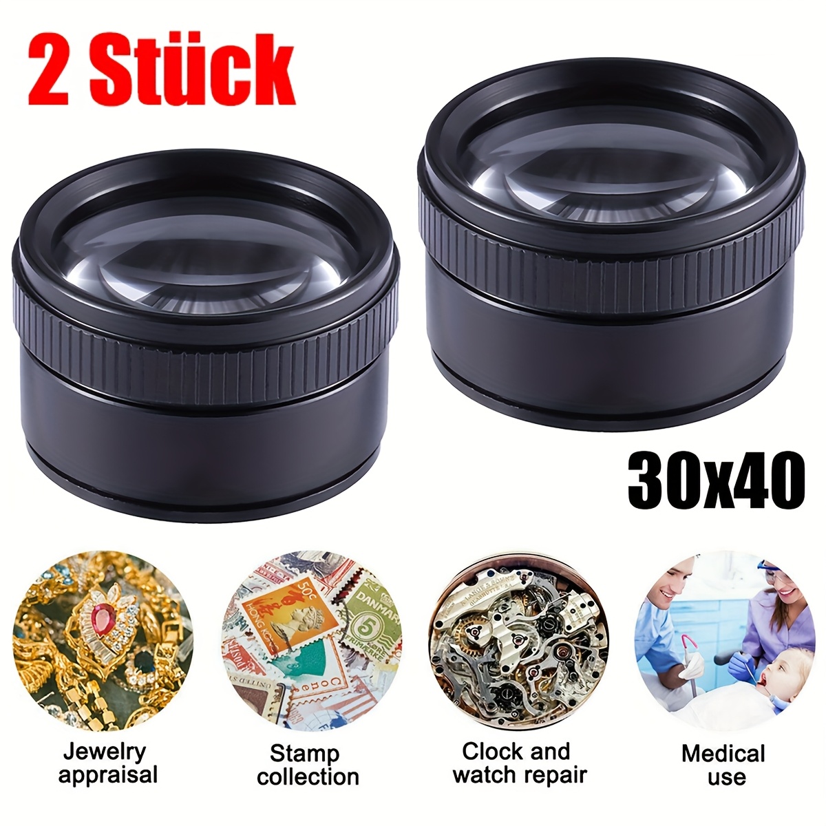 Image of 2pcs Clear High Power 40x Handheld Magnifying Glass - Metal Hand Lens, Optical Jewelry Magnifier, Reading, Inspection, Hobbyists, Artists, Mechanics, And