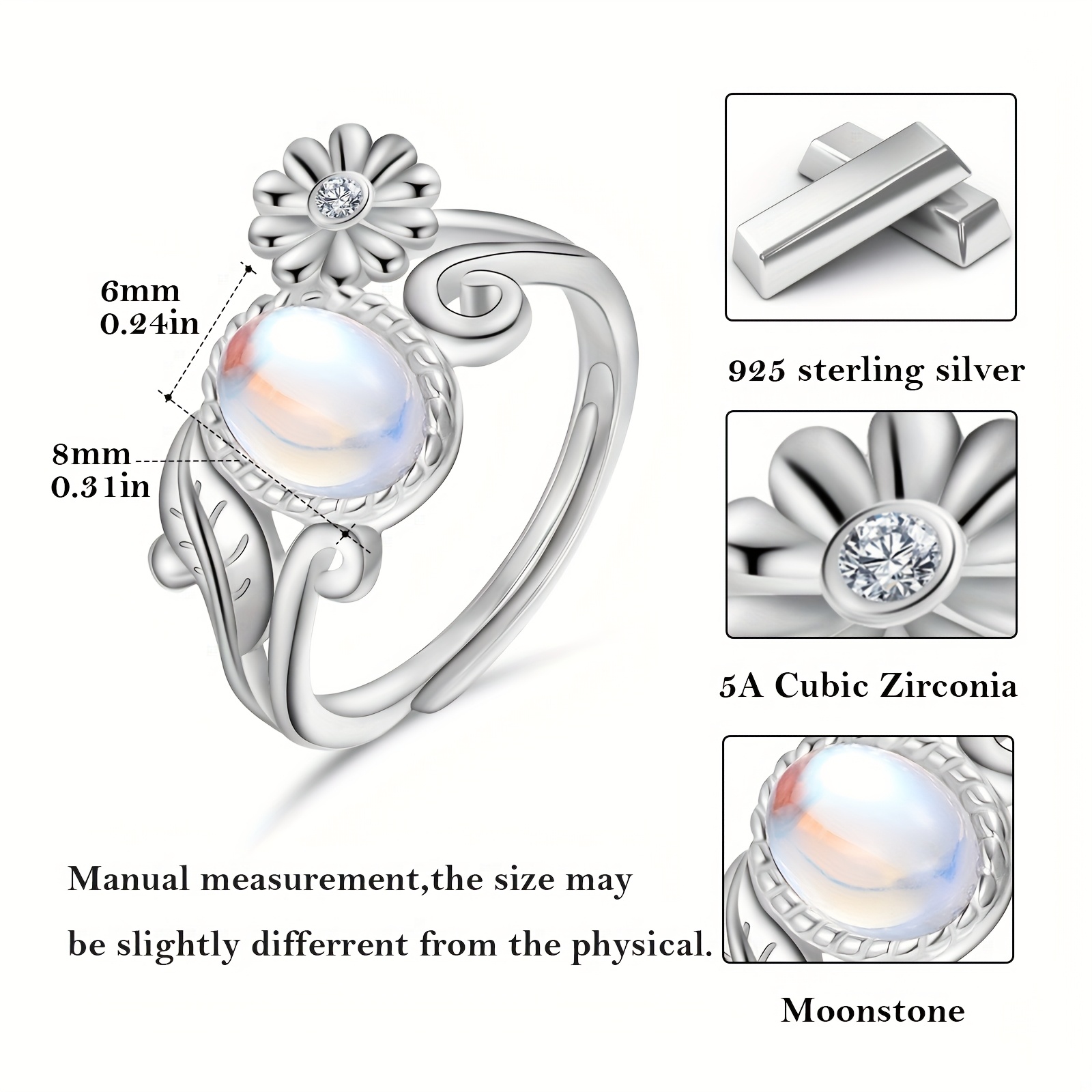 Daisy Moonstone Ring 925 Sterling Silver Women'S Mood Ring Daisy Jewelry