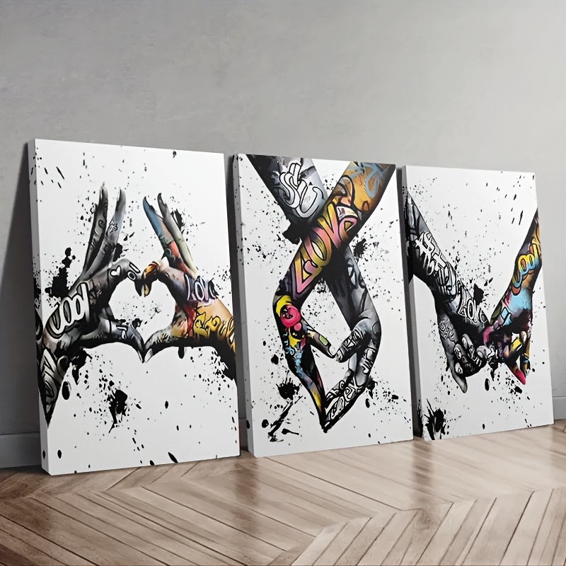 TEMU 3 pièces " en Couleurs : Mains Tatouées Graffiti" Art Mural - Peintures Modernes sur Toile Encadrée en Bois, Mains Colorblock Vibrantes Adaptées