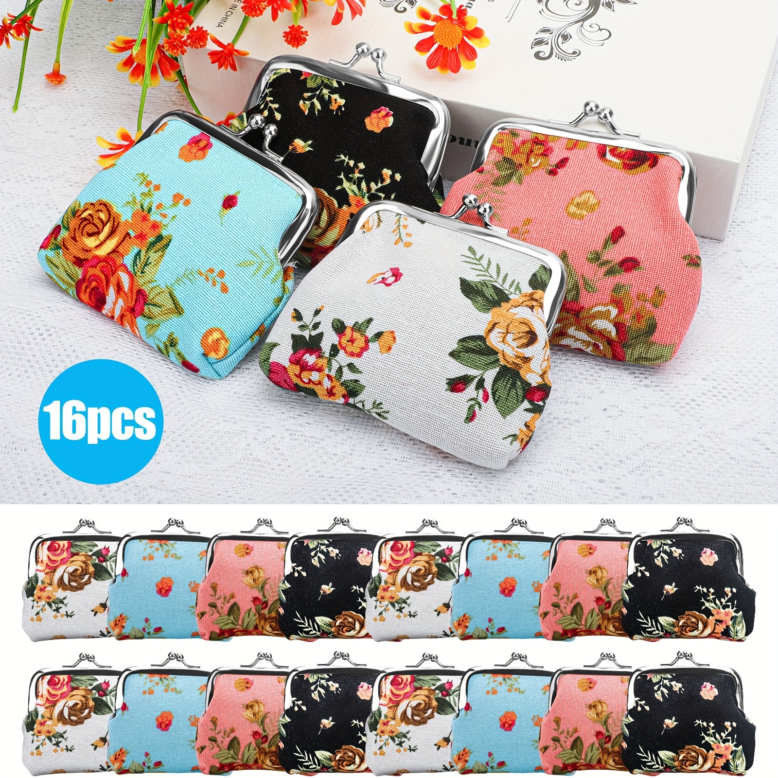 TEMU Set Of 16 Vintage-style Coin Bags Featuring Buckles, Lightweight Mini Pouches With Floral Designs Are Perfect For Jewelry, Wedding Treats, And