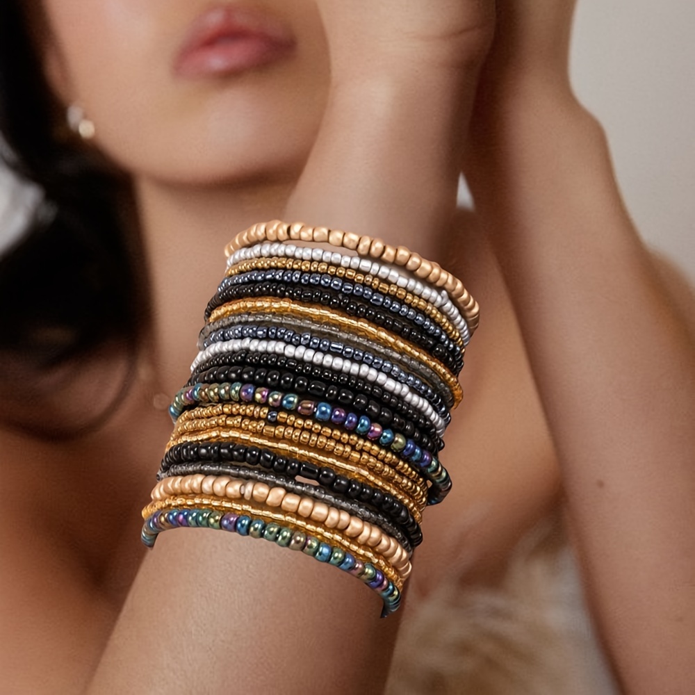 20pc Boho Gradient Beaded Stretch Bracelets Set, Mixed Elastic