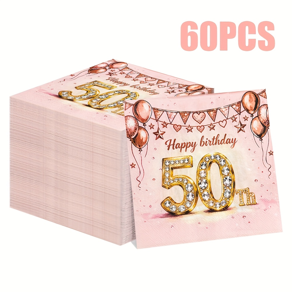 TEMU Pack Of 60 Two-ply Disposable Napkins Featuring A Heart And , Perfect For A Birthday Celebration, With 'happy 50th Birthday' Printed On Pink
