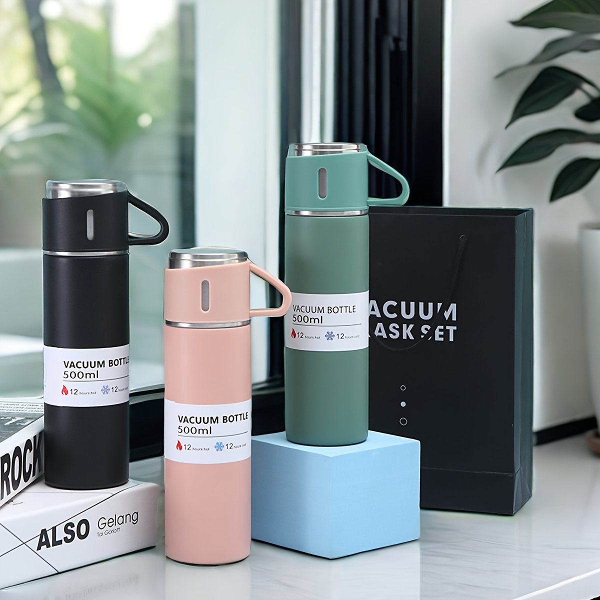 

1pc/1 Set, Vacuum , 500ml Insulated Water Bottle With 2 Extra Cup Lids, Travel Thermal Cups, For Hot And Cold Beverages, Summer Winter Drinkware, Gifts