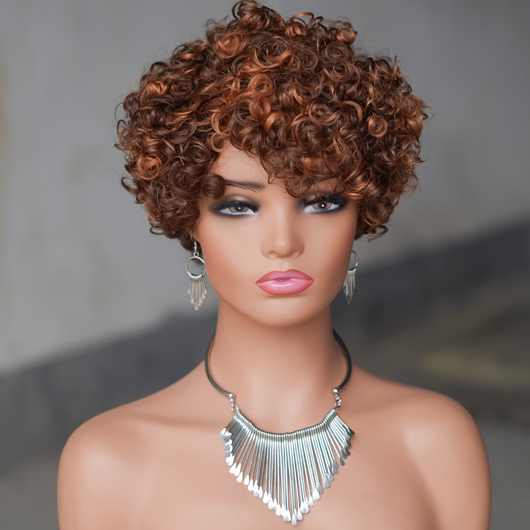 

180 Density Human Hair Short Wigs Pixie Cut Wigs With Bangs Layered Wavy Wigs For Women Female Short Wig Is Easy To Wear For Daily Use 4/30 Color