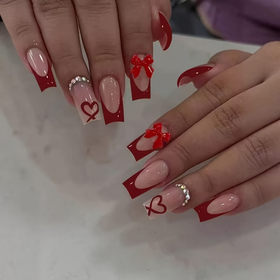 TEMU 24pcs Red French Tip Press Nails Suitable For Nail With 1pc Jelly Glue & Nail File - Medium Square Fake Nails, Sparkling Bow & Heart/, For