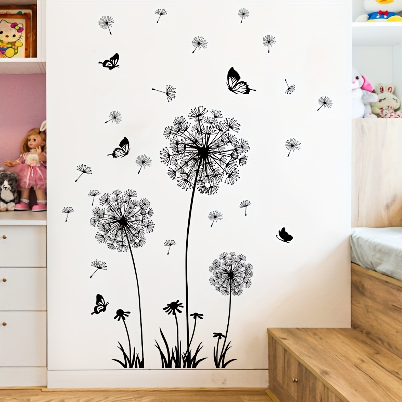 

2-piece Black Dandelion Wall Decals - Self-adhesive Pvc Stickers For Living Room, Bedroom & Home Decor Easy To Apply . . . Transform Your Space Instantly!