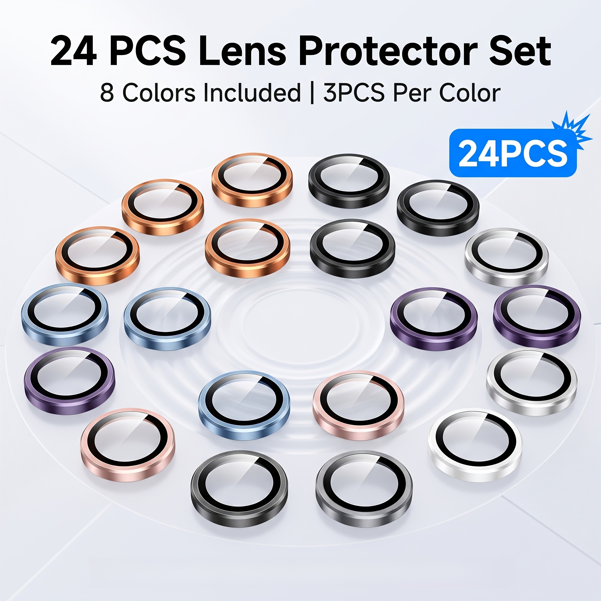 TEMU 24pcs 8 Colors 3pcs Per Color Camera Lens Protector Compatible With For Iphone 17 17e 17air 17 Pro 17 Pro 15 14 Plus 13 12 Mini 11 Pro Max