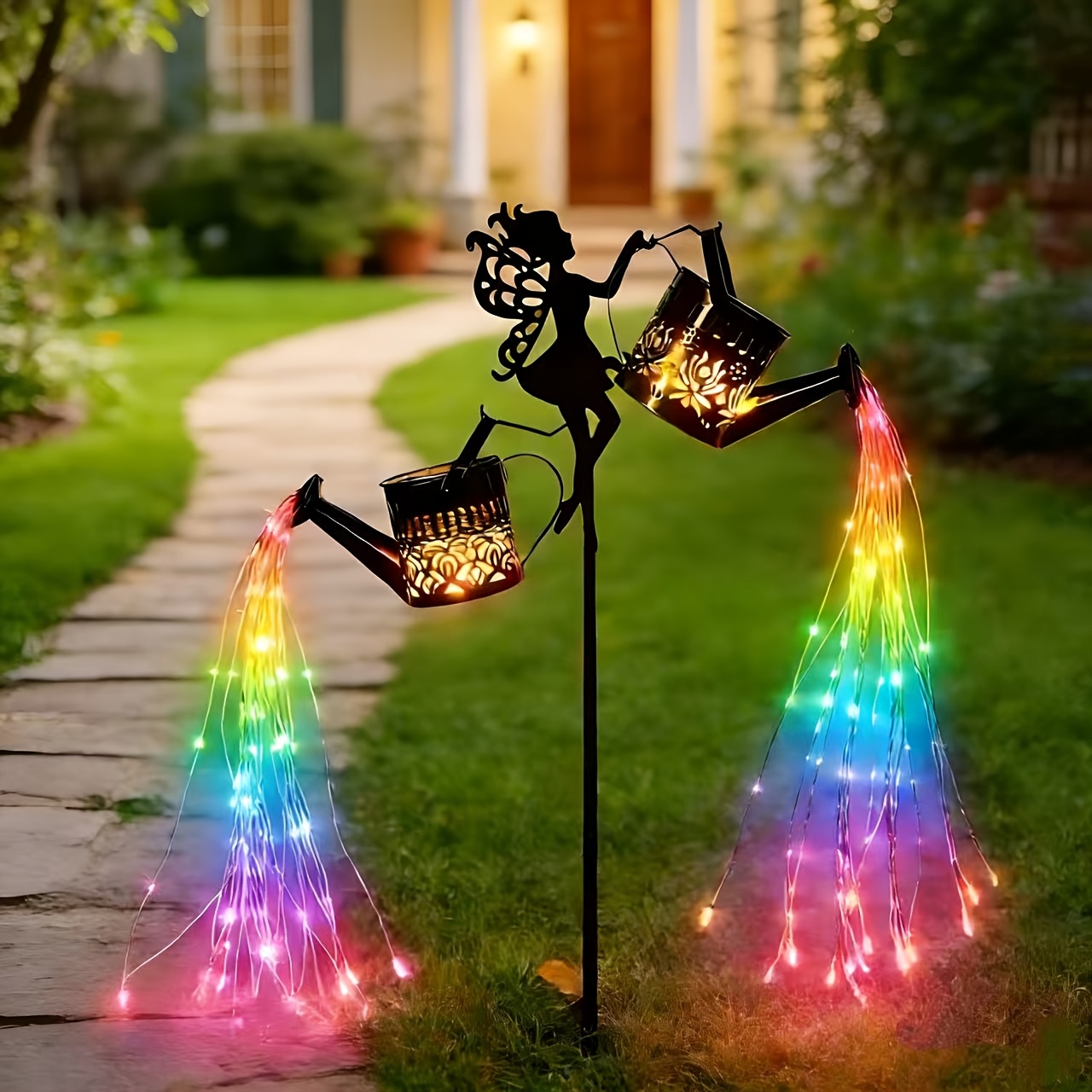 TEMU New Outdoor Solar Powered Fairy Statue Lamp, With 2 Solar Hollowed Out Patterned Water Bottle Lanterns, Flowing Rainbow Waterfall Flashing Light