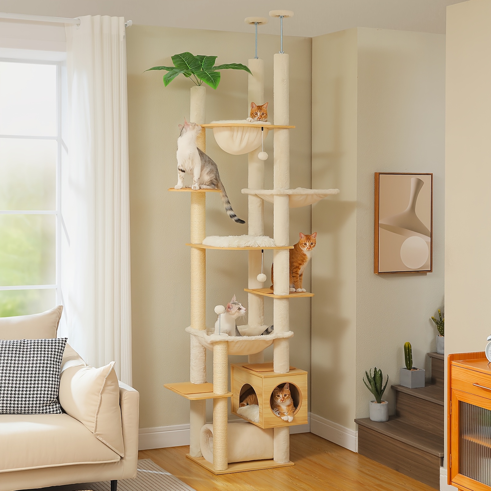 TEMU Adjustable Height Large Modern Multi-level Cat Tree Tower With Wood Suitable For Indoor Cats, Tall Cat Tower With Scratching Posts, Condo,