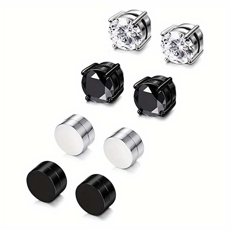 

4 Pairs Stainless Steel Magnetic Stud Earrings, Non-piercing Cubic Zirconia Earrings For Men, Fake Stud Earrings Ear Clips