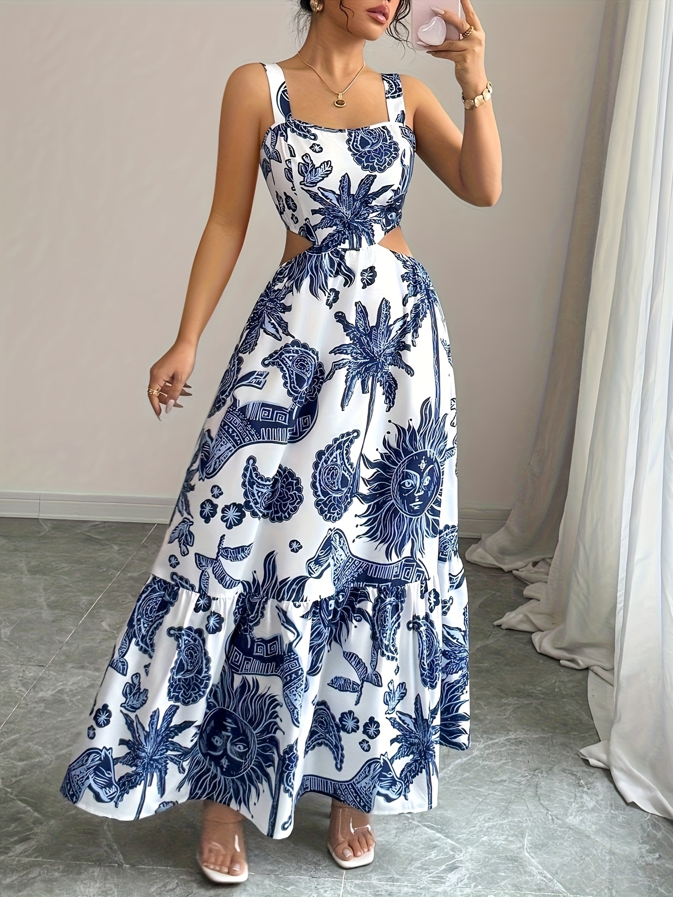 Women's Bohemian Backless Sleeveless Dress with Tropical Leaf Print, Square  Neck & Adjustable Waist Tie - Lightweight Machine-Washable Summer Dress fo