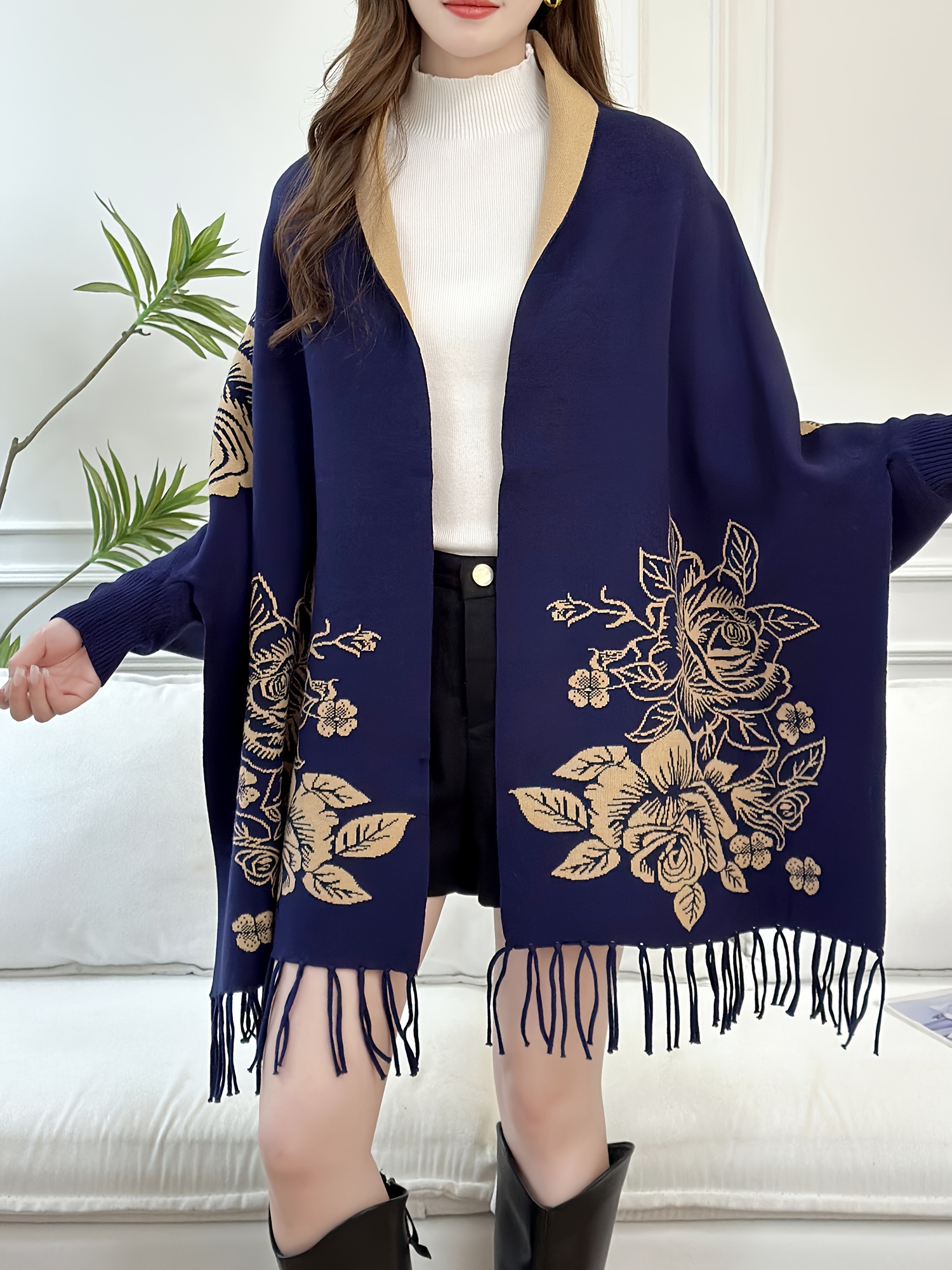 elegant peony jacquard tassel knit cardigan reversible shawl coat for women long sleeve open front     navy blue 0