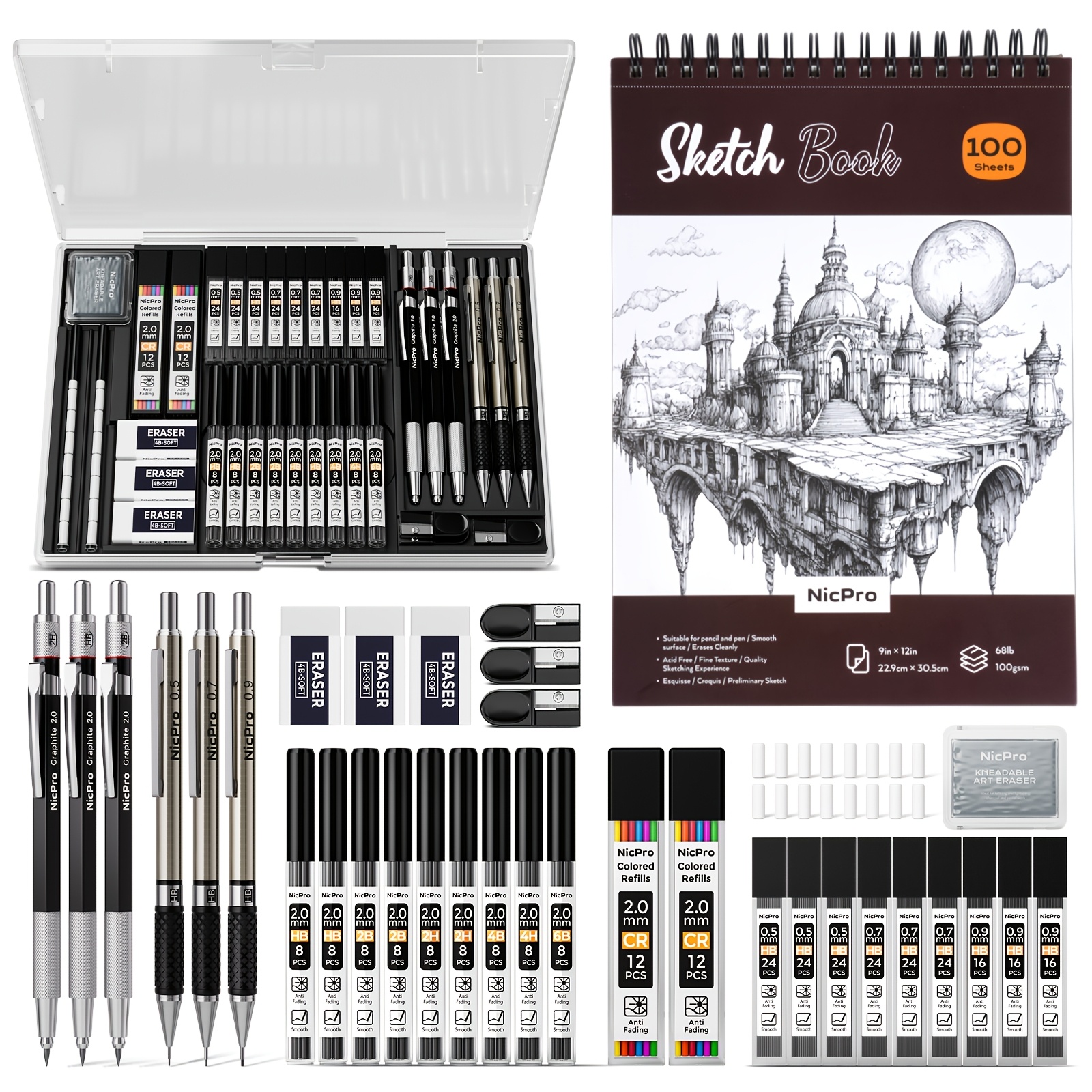 Image of Art Accessory Set Metal Mechanical Pencil Set 0.5 0.7 0.9 And 2mm 100 Sheets 9x12 Sketchbook 288 Leads School Supplies Drawing Set