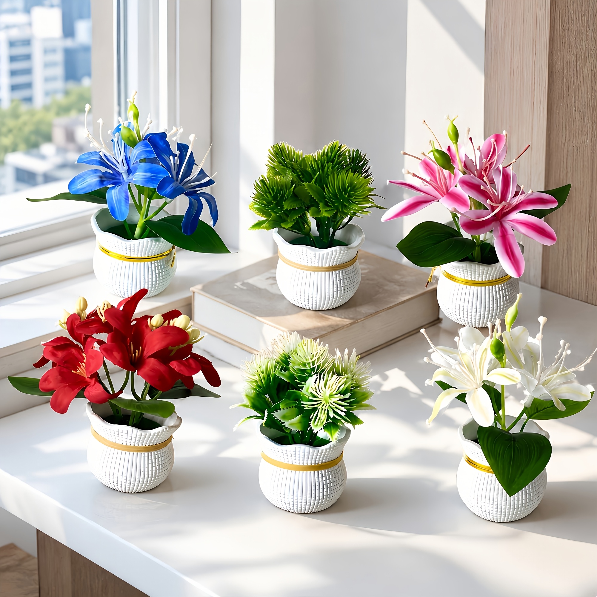 TEMU 6pcs Faux Potted Plants, Realistic Shapes, Greenery, Never . Includes White Flower Pots Desktop Decorations, Decorating Living Rooms, Bedrooms,