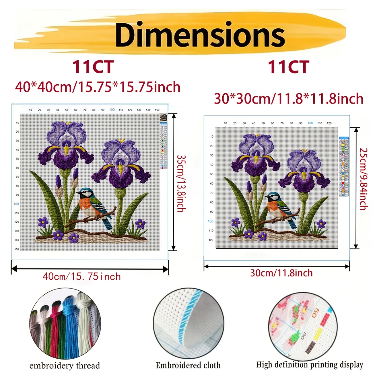 Cross Stitch Printed Kit, Frameless Purple Iris Blue Red Bird Design