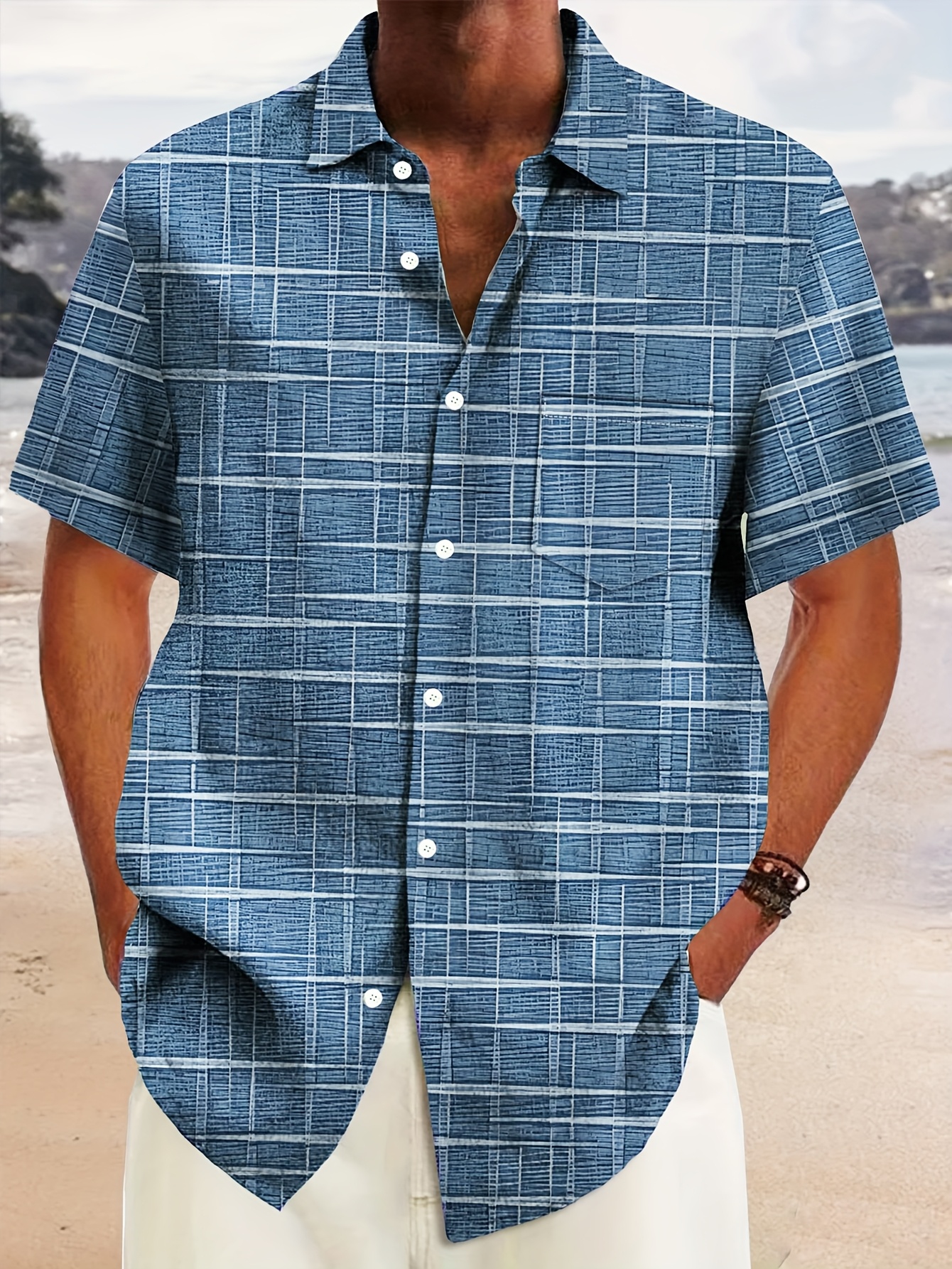 retro geometric texture print mens button pocket short sleeve shirt