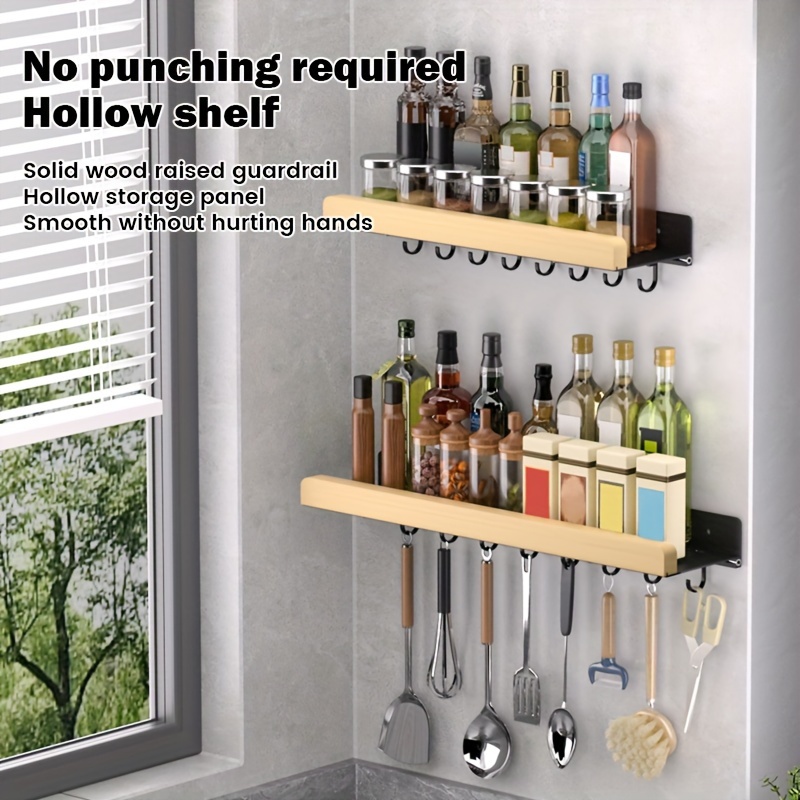 modern wall mounted wood and metal kitchen spice rack with hooks multi functional storage shelf for kitchen accessories hardwood spice organizer for   use without electricity details 9