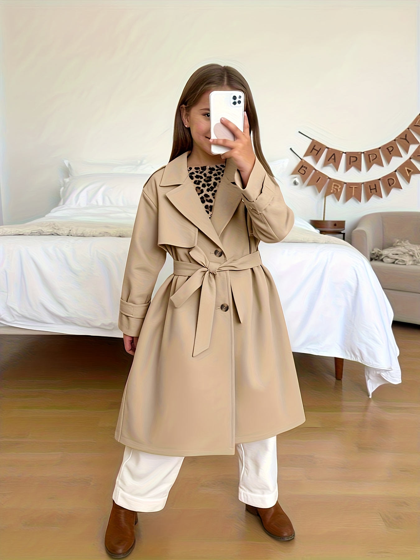 a stylish new autumn winter coat for girls featuring a fashionable double breasted design with a loose fit and a french style collar it   with a matching belt and is perfect for casual   parties and   outdoor activities Product details 3
