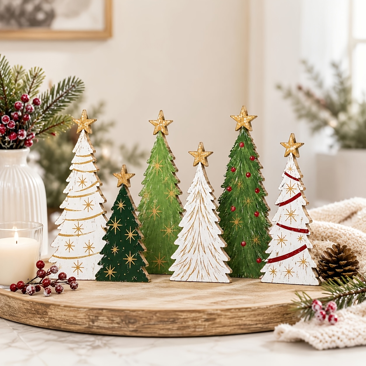 TEMU 6pcs Set Of Indoor Christmas Ornaments, Star-shaped Christmas Decor | Wooden Winter Christmas Table Decoration, Rustic Christmas Party