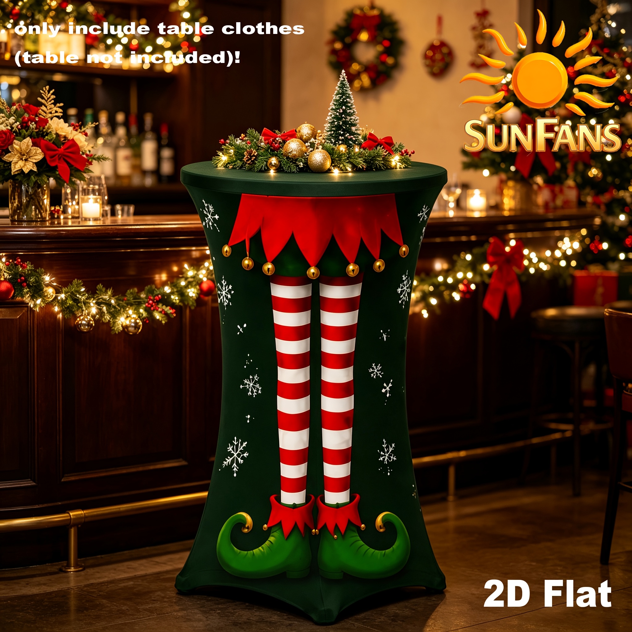 TEMU 2dflat 1pc Sunfans Christmas Elf Legs Print Elastic Spandex Rooster Tail Tablecloth, Green Xmas Snowflake Fitted Tablecloth, Stretch Reusable