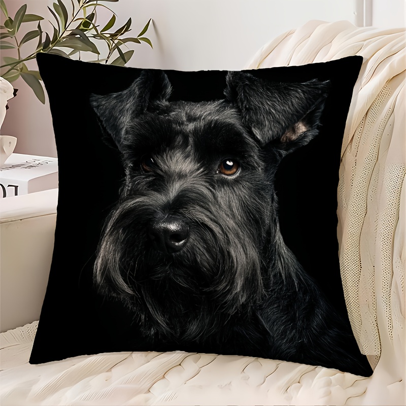 TEMU 1pc Of A Short Plush Throw Pillow Cover With A Single-sided Print, Measuring 18x18 Inches, Featuring A Black Miniature Schnauzer On A Black
