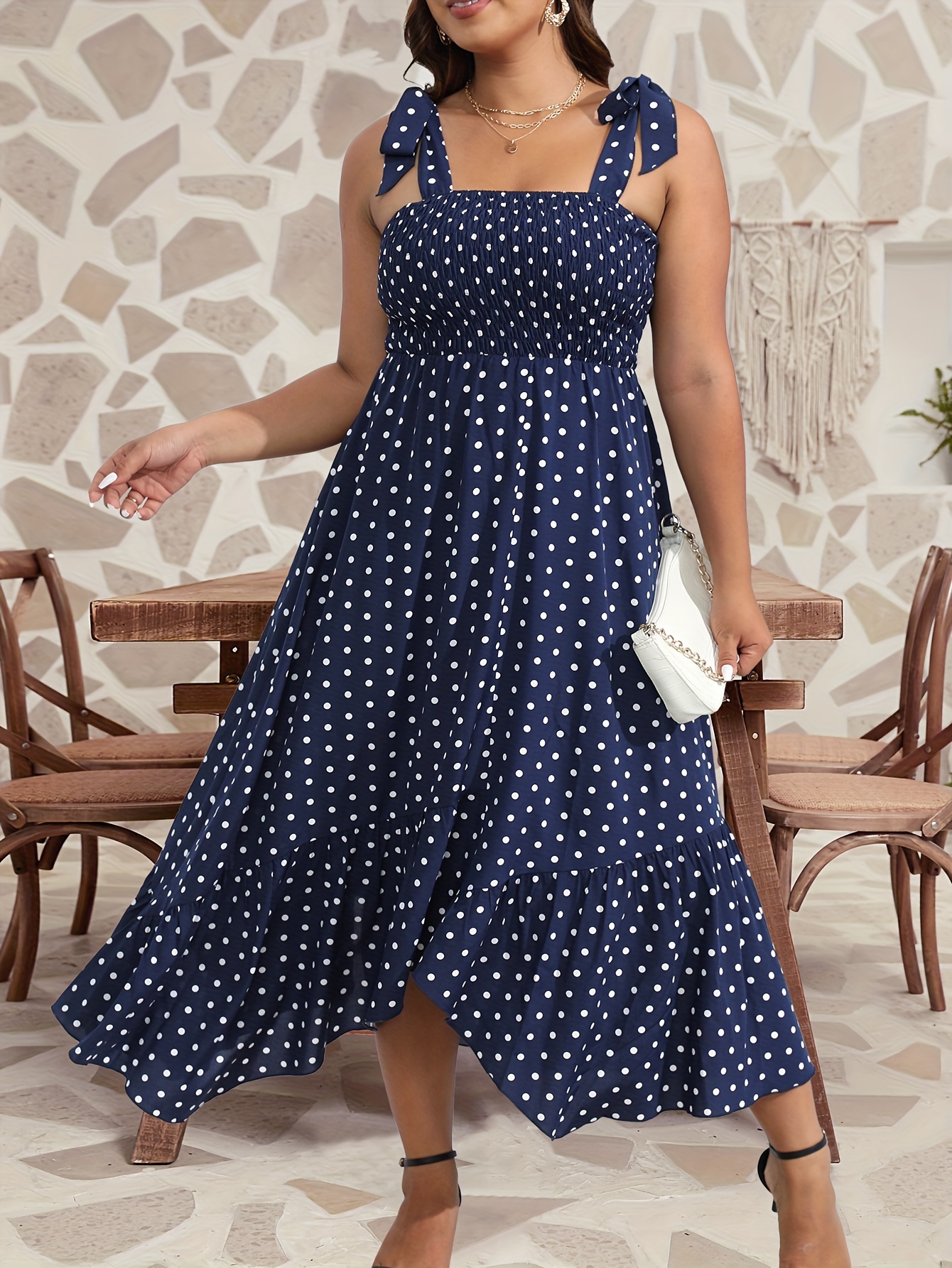 Plus Size Elegant Dress Women s Plus Polka Dots Tie Shoulder Temu United Kingdom