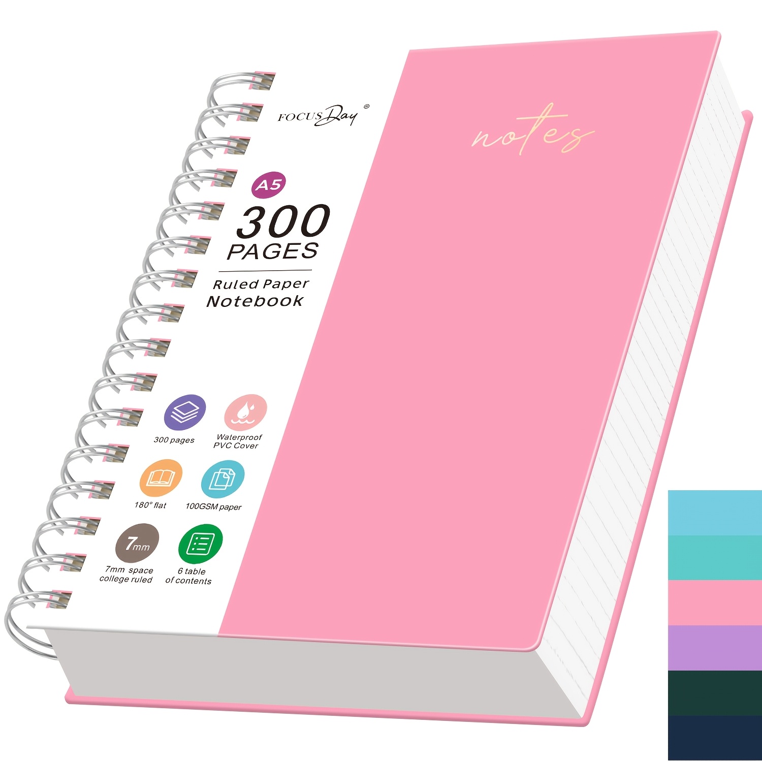 TEMU A5 Spiral Notebook, 300 Pages College Ruled Notebook, With 100gsm Thick Paper, No Bleed, Pvc Cover, Transparent Inner Pocket, 5.7" X 8.3",