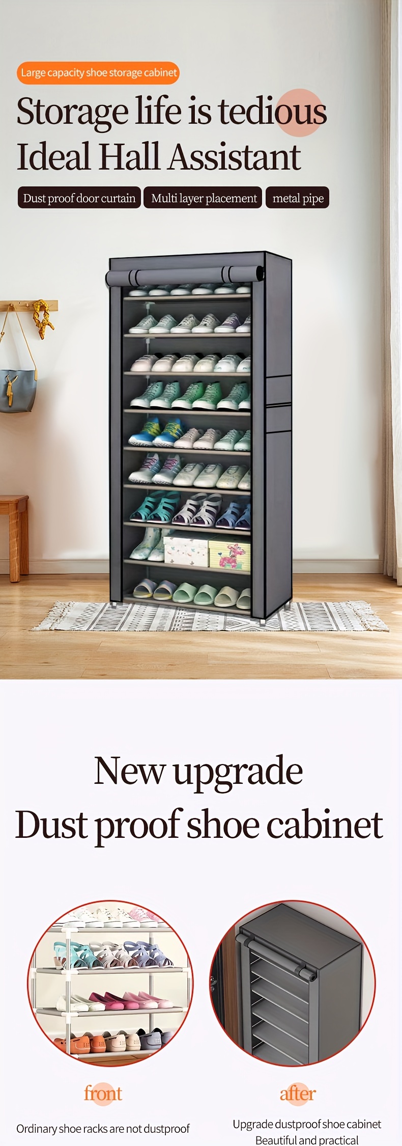 1pc 10 layer sturdy and tall shoe rack for bedroom entrance vertical shoe storage and storage rack that can   18 22 pairs of shoes independent shoe storage cabinet with dust cover shoe cabinet details 0