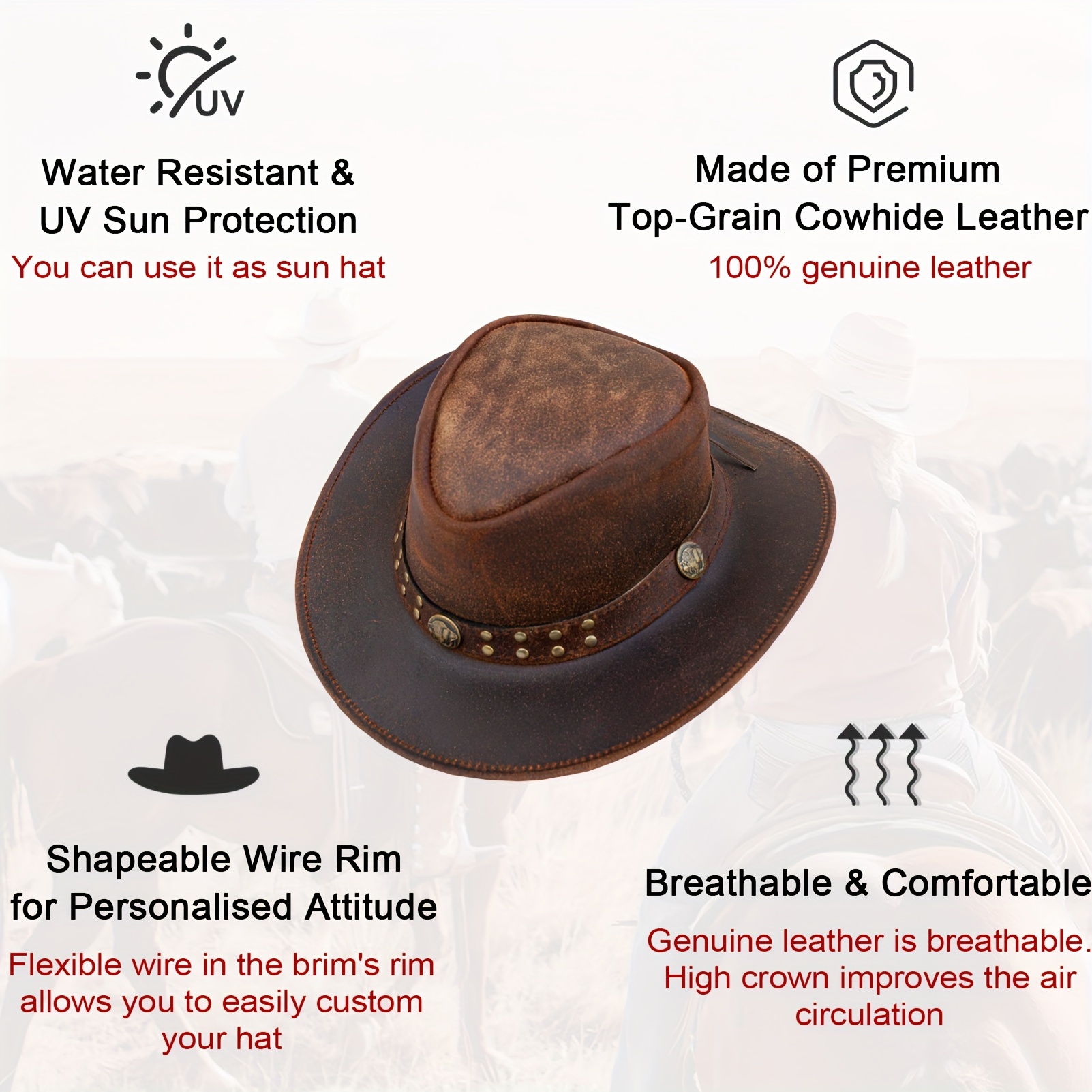 Chapeau De Cowboy 100% Cuir Noir à Large Bord - Style Western Pour Hommes Et Femmes, Avec Ceinture De Transpiration - 8