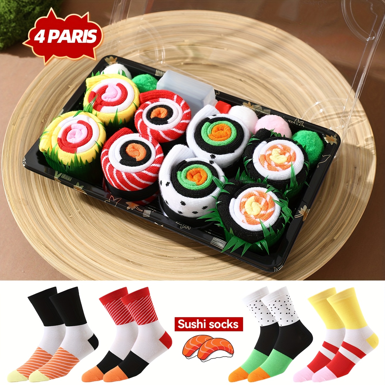 4 Pares de Meias de Valor para Presente de Cintura Média, Design Criativo Unissex Macio e Confortável com Tema de Sushi, Perfeito para Aniversários/Halloween/Ação de Graças/Natal/Reuniões Familiares/Festas de Namoro/Eventos de Festa, Roupa Casual, Uso em Todas as Estações, Ideal para Viagens de Férias/Expedições ao Ginásio, Meias Atléticas Tendências de Outono/Inverno 2025, Meia de Sushi, Meia para Homens, Meia para Homens de Boa Qualidade