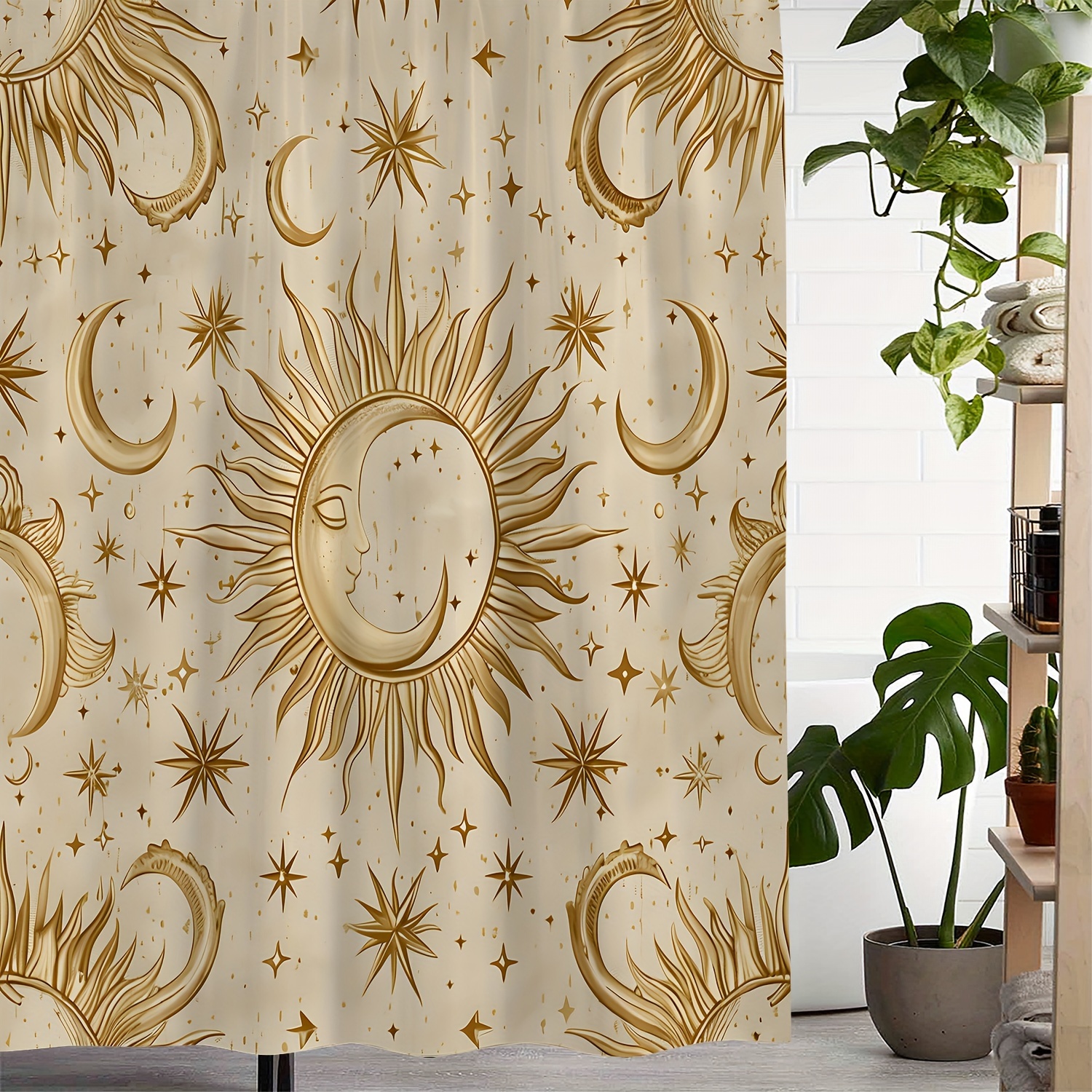 

Vintage Sun And Moon Print Waterproof Polyester Shower Curtain With 12 Hooks, Machine Washable, Water-resistant Artistic Pattern, Woven Fabric Bathroom Decor