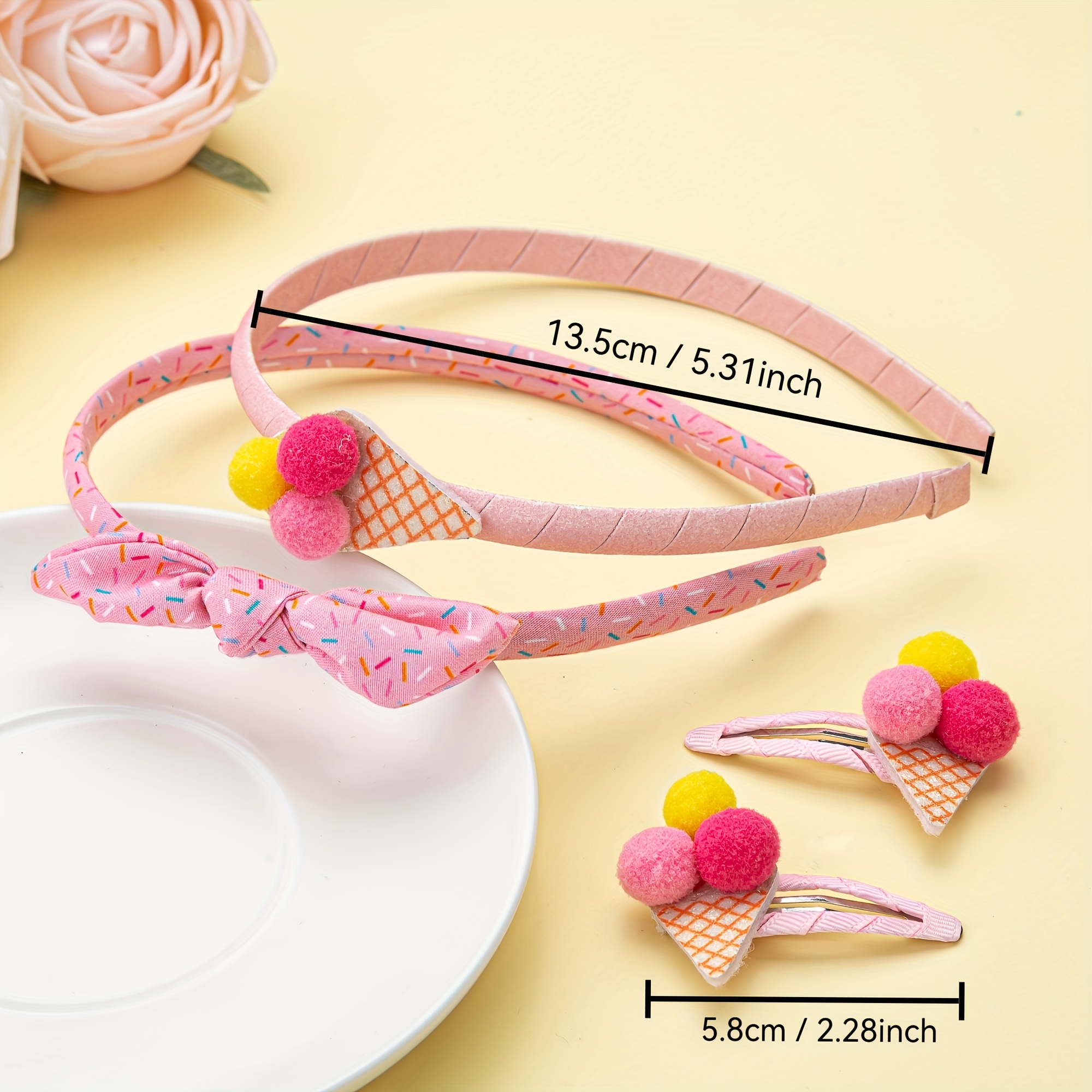 Image of 4pcs Hair Accessories - Cute Bow Headbands & Clips With Pastel Check Patterns & Colorful Spheres, Polyester Woven For , Stylish Hair Decor | Hair Decor | Polyester Headband, Ice Cream Hair Decor