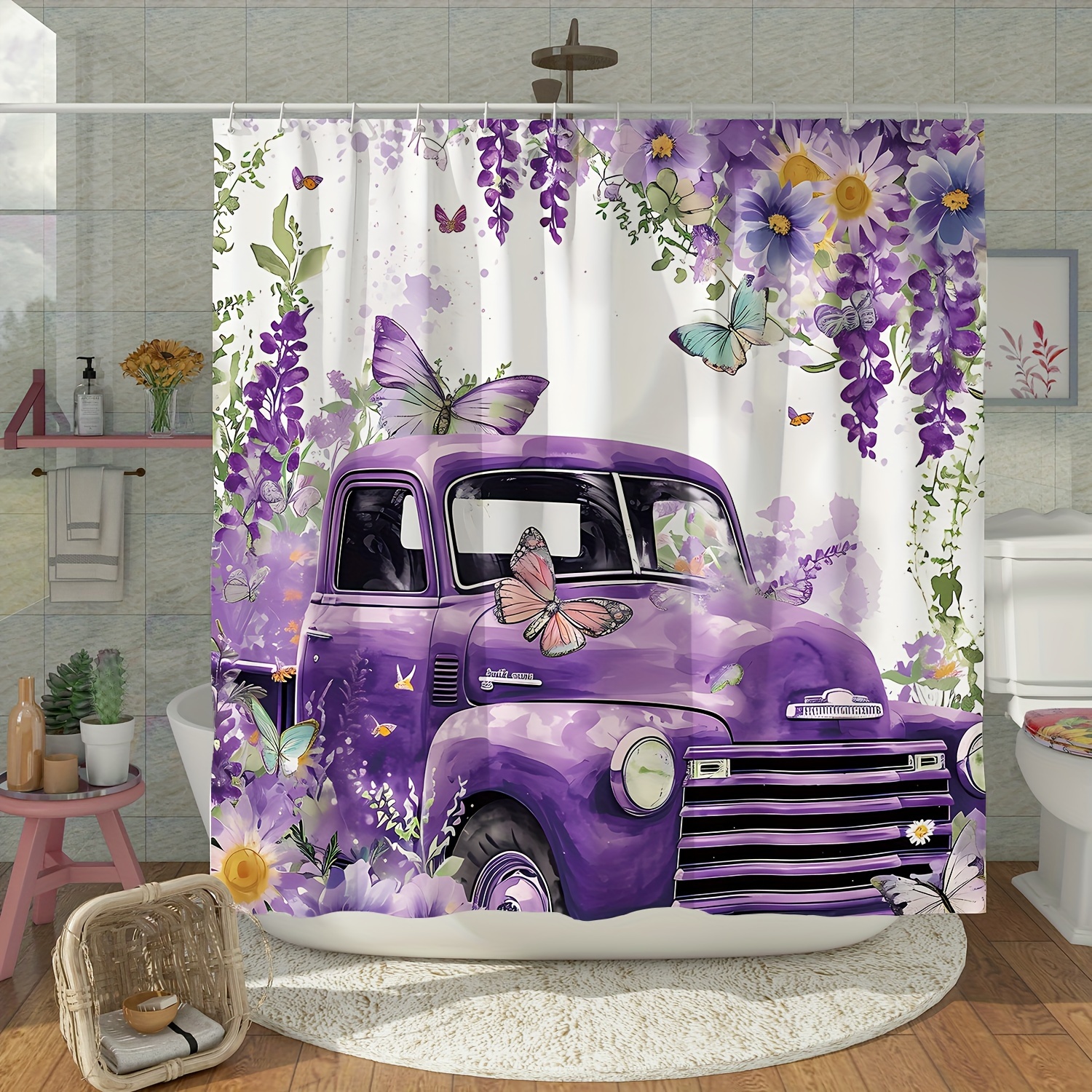 TEMU 1pc Truck Butterfly Floral Printed Shower Curtain, Waterproof Purple Bathroom Shower Curtain With Hooks, Bathroom Accessories, Aesthetic Room Decor